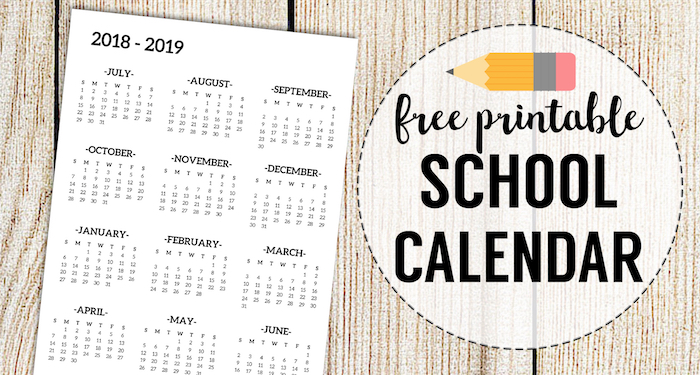 2018-2019 School Calendar Printable Free Template. School year academic calendar free printable for organizer or planner. Year at a glance page. #papertraildesign #backtoschool #schoolplanner #schoolorganizer