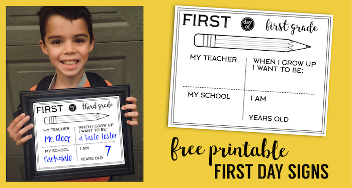 Free Printable First Day of School All About Me Sign Fill In. Preschool, Kindergarten, First grade through high school signs. #papertraildesign #firstday #firstdayofschool #school