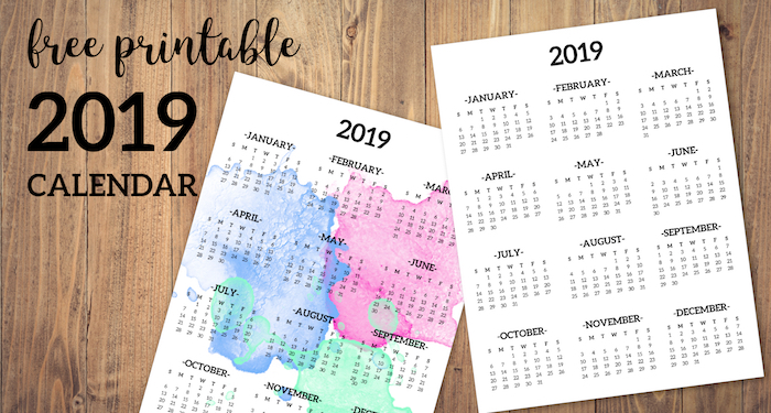 Calendar 2019 Printable One Page. Free printable 2019 full year desk calendar on one page. 2019 year at a glance. #papertraildesign #calendar #2019 #deskcalendar