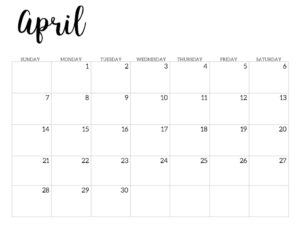 2019 Calendar Printable Free Template. April 2019 monthly free printable wall or desk calendar. Hand lettered from January through December help you get organized.