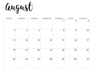 2019 Calendar Printable Free Template. August 2019 monthly free printable wall or desk calendar. Hand lettered from January through December help you get organized.