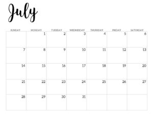 2019 Calendar Printable Free Template. July 2019 monthly free printable wall or desk calendar. Hand lettered from January through December help you get organized.