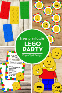 Lego birthday party ideas and free printables including cupcake toppers, invitations, banner, and more with text overlay- free printable Lego party