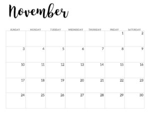 2019 Calendar Printable Free Template. November 2019 monthly free printable wall or desk calendar. Hand lettered from January through December help you get organized.