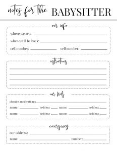 Free Printable Babysitter Notes Template. Babysitter checklist for parents to give to the babysitter. Good idea for when leaving baby with a sitter. #papertraildesign #babysitternotes #sitter #date