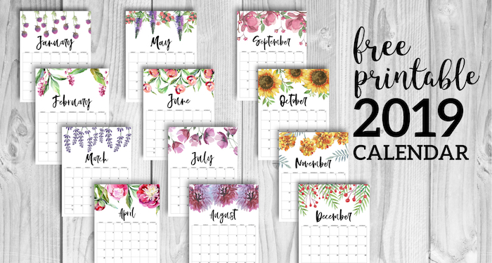 Free Printable Calendar 2019 - Floral. Watercolor Flower design style calendar. Monthly calendar pages. Cute office or desk organization. #papertraildesign #2019calendar #calendar #calendar2019 #floralcalendar