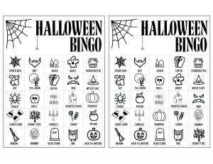 Halloween Bingo Printable Game Cards Template. Fun kids Halloween party game. Easy Halloween activity with 16 different Bingo cards. #papertraildesign #halloween #halloweengames #halloweenactivities
