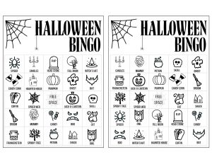 Halloween Bingo Printable Game Cards Template. Fun kids Halloween party game. Easy Halloween activity with 16 different Bingo cards. #papertraildesign #kidshalloween #halloweenbingo #halloweenprintables