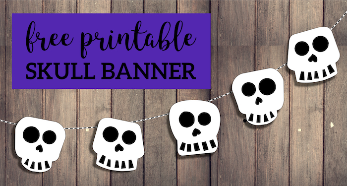 Free Printable Halloween Skull Decoration Banner. Halloween or Day of the Dead banner printable template decor. Cute skeleton banner. #papertraildesign #skulls #halloween #halloweendecor