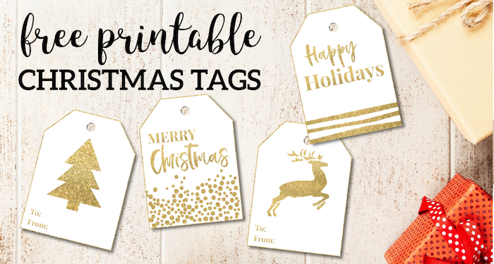 Gold Free Printable Christmas To From Tags. Easy DIY gift tags. Merry Christmas, Happy Holidays, reindeer, Christmas tree. #papertraildesign #christmasgifts #christmastags #christmaswrapping #goldchristmastags