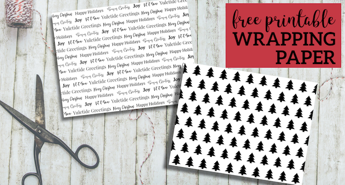 Free Printable Christmas Wrapping Paper. Black and white Christmas wrapping paper. Tree wrapping paper and Merry Christmas Seasons Greetings. #papertraildesign #Christmas #wrappingpaper #christmaswrapping