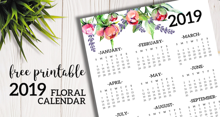 Free Printable 2019 Calendar Yearly One Page Floral. 2019 year at a glance calendar poster. Office desk organization and decor. #papertraildesign #calendar #2019 #2019calendar #calendar2019 #newyear