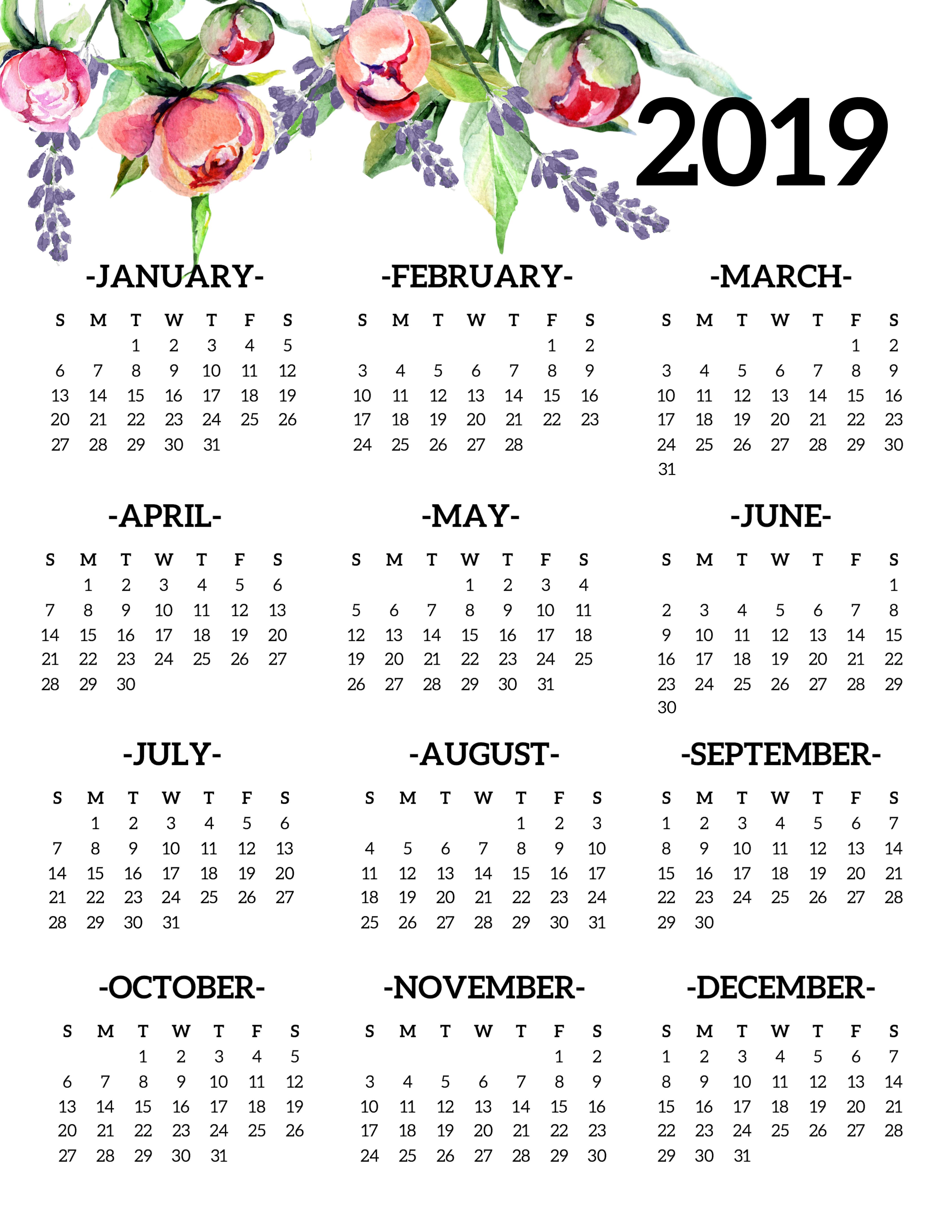 free printable 2019 calendar yearly one page floral paper trail design