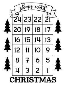 How Many Days Until Christmas Free Printable. Christmas countdown advent calendar sign with trees. Sleeps until Christmas. #papertraildesign #Christmasprintable #advent #adventcalendar #christmas #christmasadventcalendar