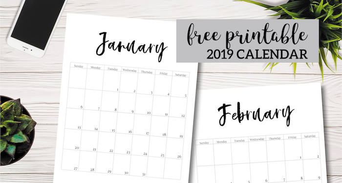 Free Printable 2019 Calendar Template Pages. January, February, March, April, May, June, July, August, September, October, November, December. #papertraildesign #calendar #2019 #2019Calendar #organize #NewYear