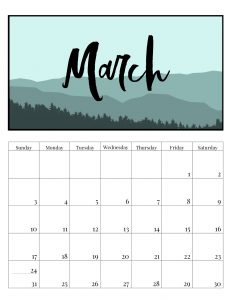 Free Printable Monthly Calendar 2019 - Mountain Trees. Outdoorsy treeline calendar. Nature and adventure lovers calendar. #papertraildesign #2019 #2019calendar #naturelovers #natureprintables #freeprintables #calendar2019 #deskcalendar