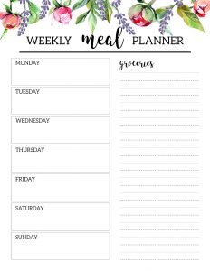 Floral Free Printable Meal Planner Template. DIY Menu planning made easy. Plan and organize daily meals and shopping list. #papertraildesign #mealplan #mealplanner #mealplanning #weeklymealplan #food #weeklymealplanner #floral #floralprintables #family #familylife #momlife