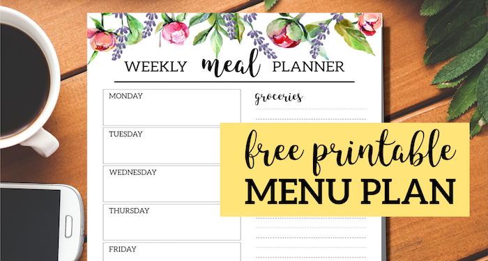 Floral Free Printable Meal Planner Template. DIY Menu planning made easy. Plan and organize daily meals and shopping list. #papertraildesign #menu #menuplan #menuplanning #organization #freeprintable #dinner #familydinner #dinnermenu #organizationprintables