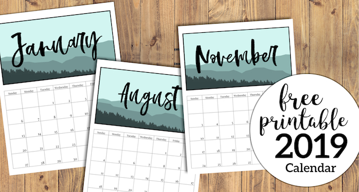 Free Printable Monthly Calendar 2019 - Mountain Trees. Outdoorsy treeline calendar. Nature and adventure lovers calendar. #papertraildesign #calendar #organize #nature #adventure #outdoorsy #organization #outdoorsman