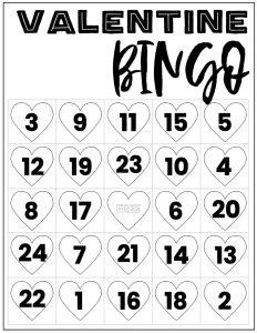 Free Valentine Bingo Printable Cards. Class set of heart bingo cards for a valentine party or activity. Fun valentine game. #papertraildesign #valentine #valentineparty #valentinegame #valentinebingo #valentineactivities #valentineactivity #bingo #heart #heartbingo