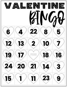 Free Valentine Bingo Printable Cards. Class set of heart bingo cards for a valentine party or activity. Fun valentine game. #papertraildesign #valentine #valentineparty #valentinegame #valentinebingo #valentineactivities #valentineactivity #bingo #heart #heartbingov