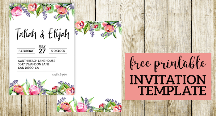 Floral Wedding Invitation Template. Free printable template for a wedding, bridal shower, baby shower, birthday or another party. #papertraildesign #wedding #invitation #weddinginvitation #shower #babyshower #bridalshower #showerinvitation #floral #floralinvitation #invite #template #freetemplate #flower #DIY #easyDIY