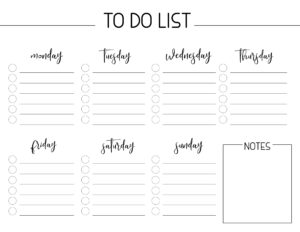 Weekly Free Printable To Do List. Crush your goals and stay organized with this weekly to-do list with notes to keep track of everything. #papertraildesign #todo #todolist #weeklytodo @weeklytodolist #organization #organize #planner #plan #goals #printableplanner 