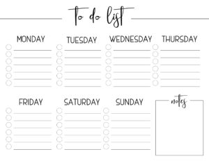 Weekly Free Printable To Do List. Crush your goals and stay organized with this weekly to-do list with notes to keep track of everything. #papertraildesign #freeprintables #freeprintable #printable #printableplanner #printabletodolist #planyourday #dayplanner #dailyplanner #weeklyplan #weeklyplanner #slayyourgoals #goalslayer #office #officeorganization #home #homeorganization 