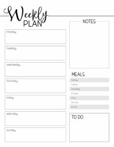 Weekly plan template from monday to saturday with space for notes, meal planning, and to do list. 