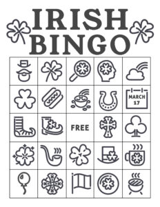 Free Printable St. Patrick's Day Bingo Cards. Irish bingo cards complete class set. Shamrock activity. #papertraildesign #shamrock #potofgold #school #schoolparty #stpatricksdayparty #irishparty #luckoftheirish #potofgold #leprechaun #lucky #stpaddy #stpaddysday #stpaddyday #paddysdayparty #partyactivity 