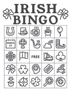 Free Printable St. Patrick's Day Bingo Cards. Irish bingo cards complete class set. Shamrock activity. #papertraildesign #shamrock #potofgold #school #schoolparty #stpatricksdayparty #irishparty #luckoftheirish #potofgold #leprechaun #lucky #stpaddy #stpaddysday #stpaddyday #paddysdayparty #partyactivity 