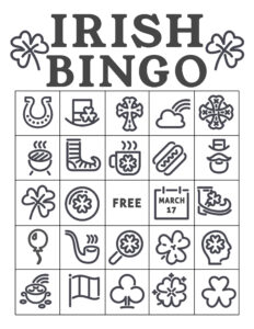 Free Printable St. Patrick's Day Bingo Cards. Irish bingo cards complete class set. Shamrock activity. #papertraildesign #shamrock #potofgold #school #schoolparty #stpatricksdayparty #irishparty #luckoftheirish #potofgold #leprechaun #lucky #stpaddy #stpaddysday #stpaddyday #paddysdayparty #partyactivity 