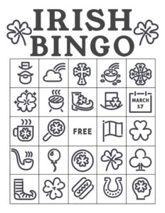 Free Printable St. Patrick's Day Bingo Cards. Irish bingo cards complete class set. Shamrock activity. #papertraildesign #shamrock #potofgold #school #schoolparty #stpatricksdayparty #irishparty #luckoftheirish #potofgold #leprechaun #lucky #stpaddy #stpaddysday #stpaddyday #paddysdayparty #partyactivity 