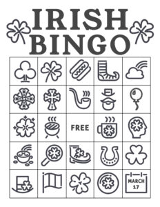 Free Printable St. Patrick's Day Bingo Cards. Irish bingo cards complete class set. Shamrock activity. #papertraildesign #shamrock #potofgold #school #schoolparty #stpatricksdayparty #irishparty #luckoftheirish #potofgold #leprechaun #lucky #stpaddy #stpaddysday #stpaddyday #paddysdayparty #partyactivity 