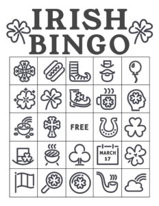 Free Printable St. Patrick's Day Bingo Cards. Irish bingo cards complete class set. Shamrock activity. #papertraildesign #shamrock #potofgold #school #schoolparty #stpatricksdayparty #irishparty #luckoftheirish #potofgold #leprechaun #lucky #stpaddy #stpaddysday #stpaddyday #paddysdayparty #partyactivity 