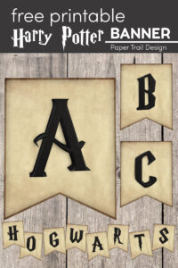 Harry Potter themed letters ABC and Hogwarts with text overlay- free printable Harry Potter banner