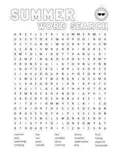  Summer Word Search Printable. Free printable summer fun activity. End of the school year activity or road trip boredom buster. #papertraildesign #summerfun #roadtrip #roadtripactivity #kids #wordsearch #summerwordsearch