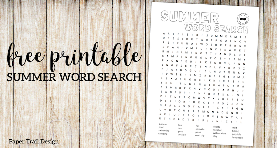 Summer Word Search Printable. Free printable summer fun activity. End of the school year activity or road trip boredom buster. #papertraildesign #summer #summerboredombuster #boredombuster #summeractivity #endofyear #endofyearactivity