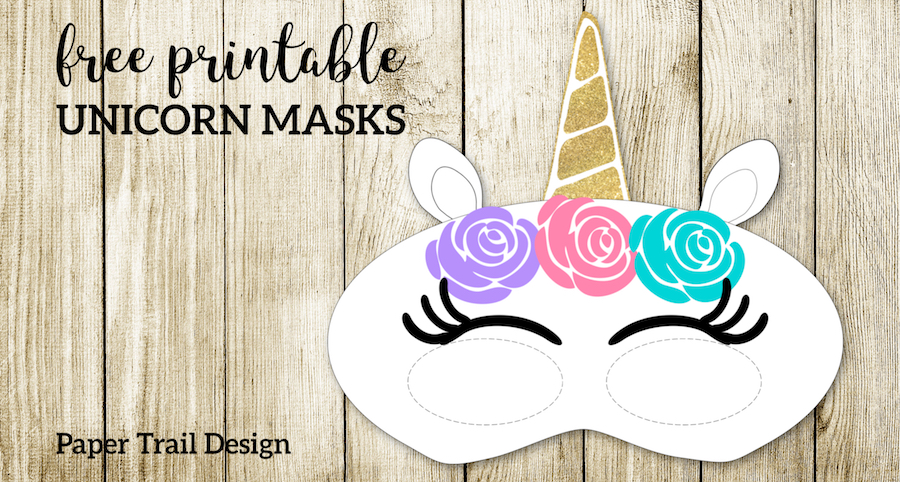 Free Printable Unicorn Masks. Print these fun masks for an easy and inexpensive DIY unicorn themed birthday party for kids. #papertraildesign #unicorn #unicorns #birthday #birthdayparty #girlbirthday #girlbirthdayparty