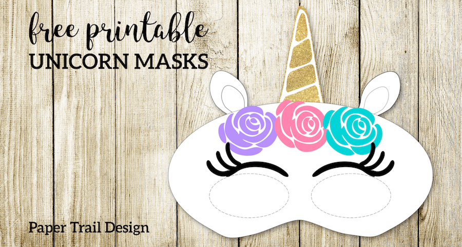 Free Printable Unicorn Masks. Print these fun masks for an easy and inexpensive DIY unicorn themed birthday party for kids. #papertraildesign #unicorn #unicorns #birthday #birthdayparty #girlbirthday #girlbirthdayparty 