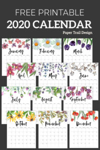 2020 Calendar with flower decorations from January to December with text overlay- free printable 2020 calendar