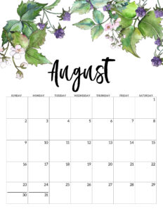 August 2020 Free Printable Calendar - Floral. Watercolor flower design calendar pages for a office or home calendar for work or family organization. #papertraildesign #calendar2020 #calendar #2020calendar #flowercalendar #floralprintables