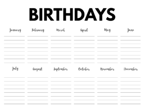 Free Printable Birthday Calendar Template. Monthly birthday tracker to keep track of family birthdays or classroom birthdays. #papertraildesign #birthday #birthdays #trackbirthdays #calendarforbirthdays #birthdaytemplate #familybirthdays #classroombirthdays