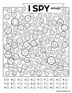 Free Printable I Spy Emoji Game. Boredom buster for fun summer, winter, or road trip travel games. Find the emoticon faces. #papertraildesign #ispyprintable #boredkids #travel #kids #travelgames