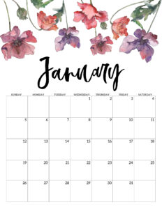 January 2020 Free Printable Calendar - Floral. Watercolor flower design calendar pages for a office or home calendar for work or family organization. #papertraildesign #calendar2020 #calendar #2020calendar #flowercalendar #floralprintables