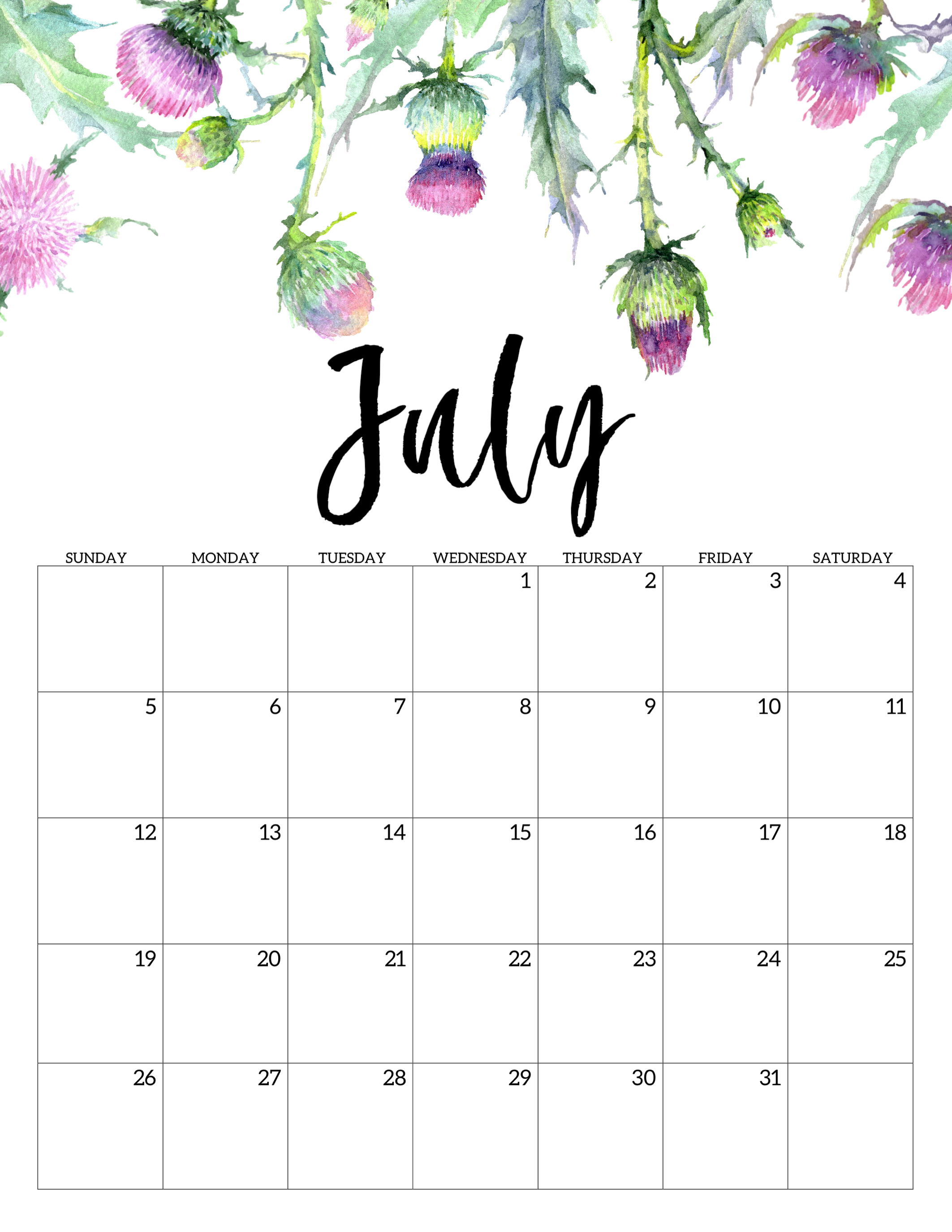 Month Calendar Printable July 2021 2022