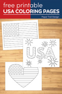 Three USA and American flag coloring pages on a wood background with text overlay- free printable USA coloring pages