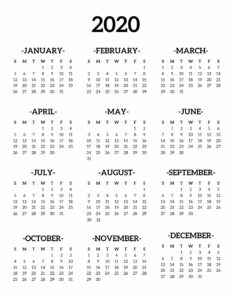 Calendar 2020 Printable One Page. Free Printable year at a glance calendar. Simple 2020 calendar template. Planner printables. #papertraildesign #calendar #2020 #2020calendar #onepagecalendar #yearataglace 