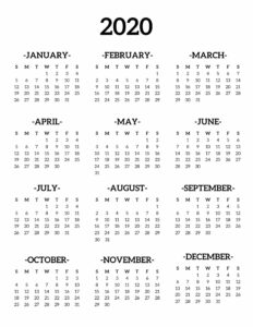 Calendar 2020 Printable One Page. Free Printable year at a glance calendar. Simple 2020 calendar template. Planner printables. #papertraildesign #calendar #2020 #2020calendar #onepagecalendar #yearataglace 