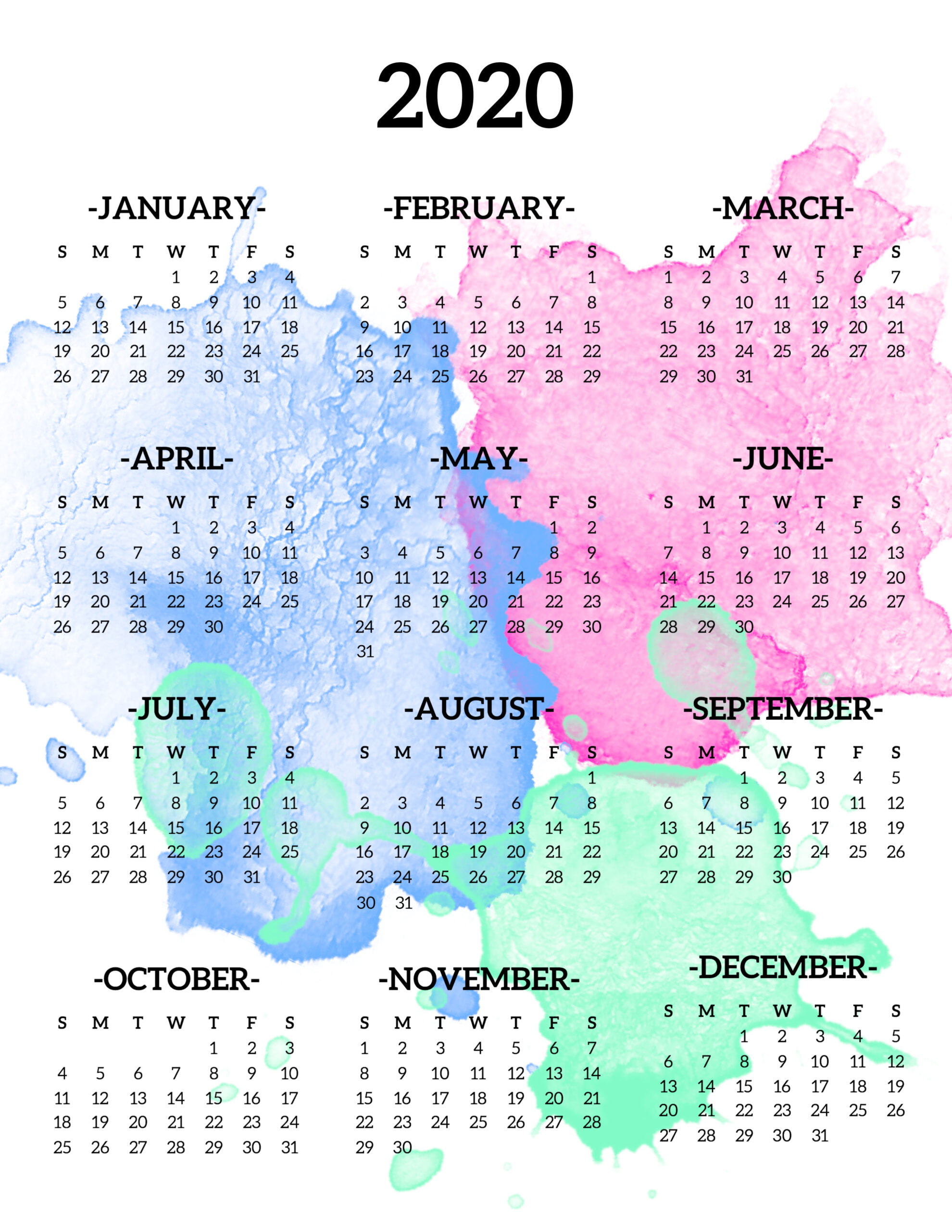 Calendar 2020 Printable One Page | Paper Trail Design